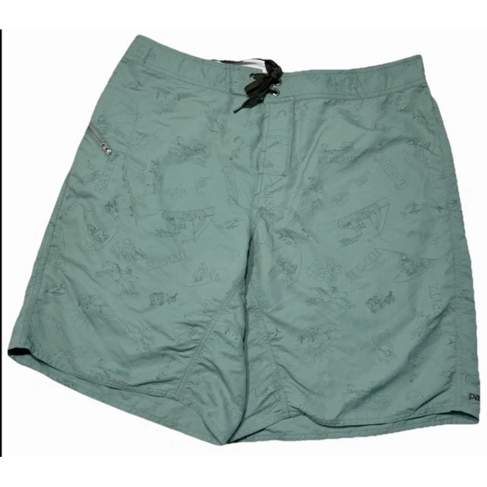 Mens Patagonia Wavefarer Swim Shorts All Over Surf Print & Script Barritz 38‎